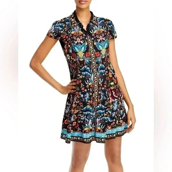 Alice + Olivia Meeko Embroidered Floral Tiered Mini Shirt Dress 12 Collared L - Picture 1 of 6